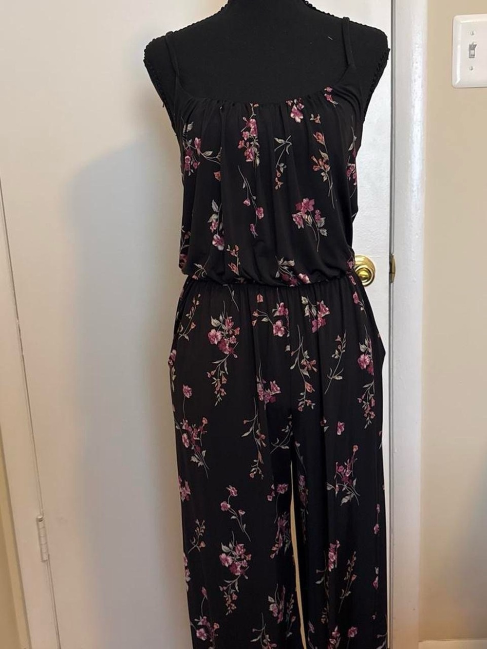 Kaileigh Black Pink Floral Wide Leg Jumpsuit Size S